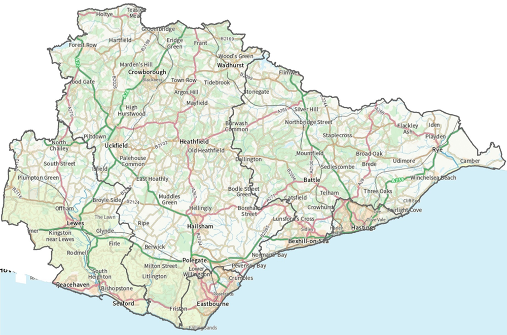 Map of East Sussex showing where all the key towns are located, the district and borough boundaries and the main road networks.