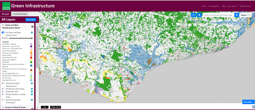 Map 10 An extract from Natural England’s mapping tool showing some of the green & blue infrastructure areas in East Sussex