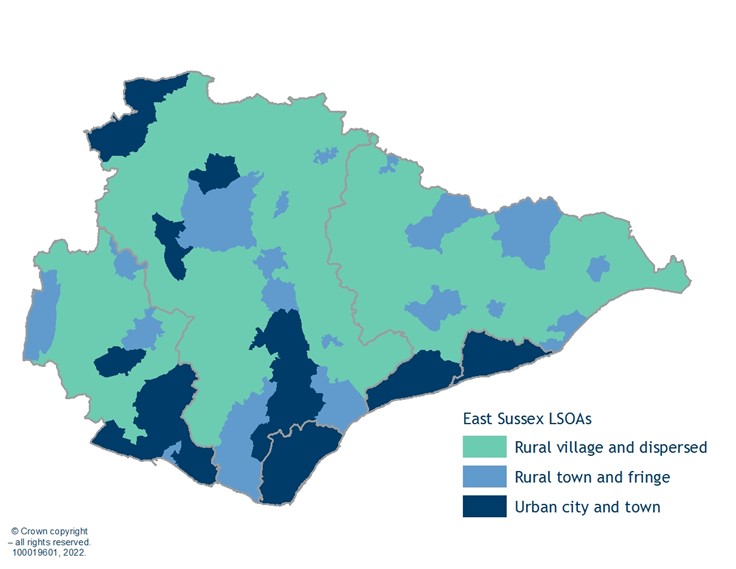 Map 2 Urban and rural classification of each LSOA in East Sussex, 2011