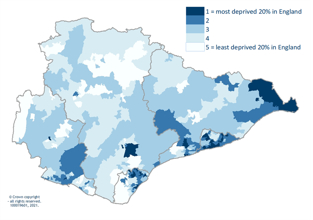 Map 5 Areas of deprivation in East Sussex showing the LSOAs ranking according to their deprivation quintile, 2019