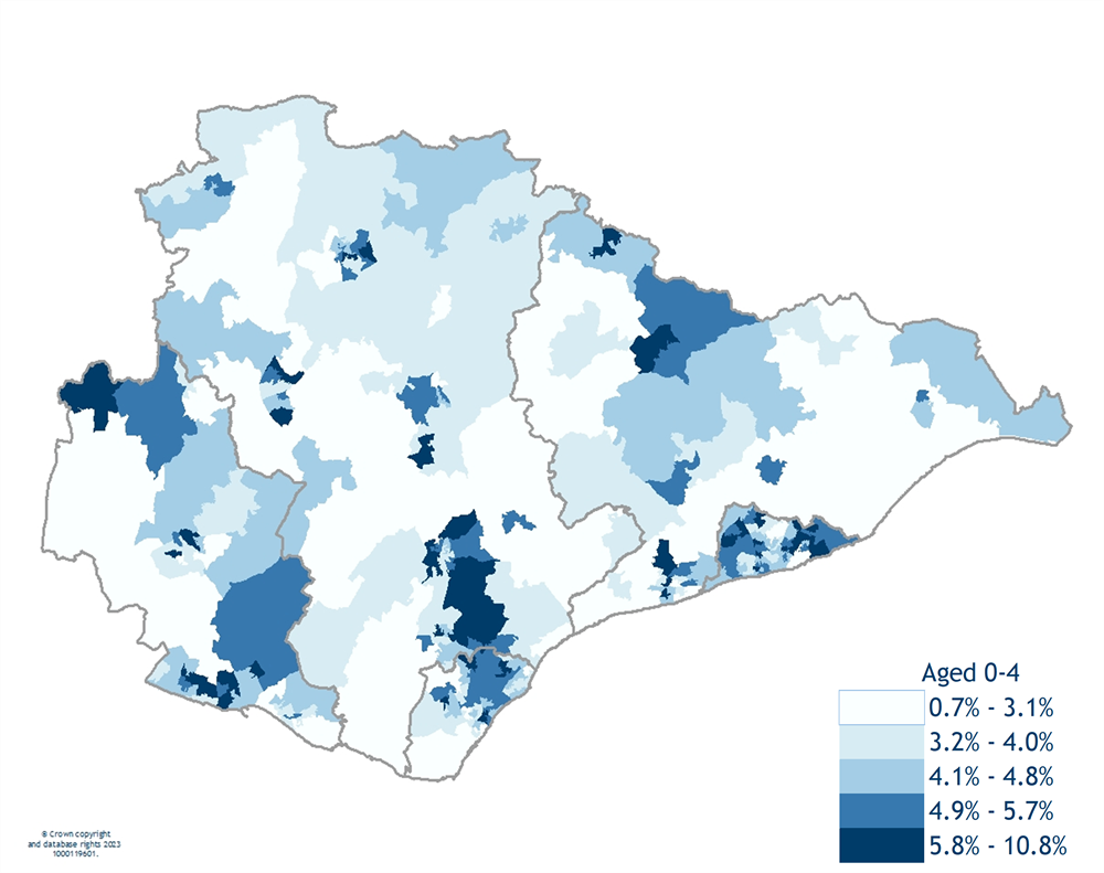 Map 6 The percentage of children aged 0 to 4 in East Sussex LSOAs, 2020