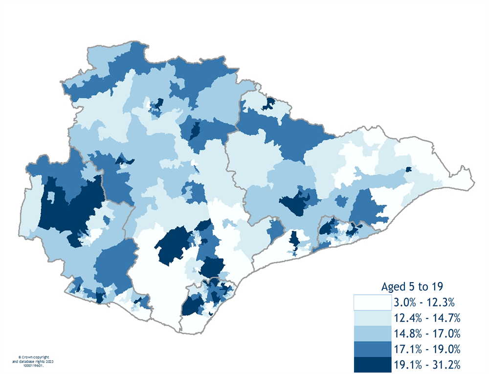 Map 7 The percentage of people aged 5 to 19 in East Sussex LSOAs, 2020