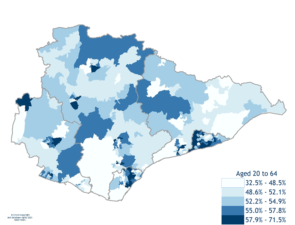 Map 8 The percentage of people aged 20 to 64 in East Sussex LSOAs, 2020