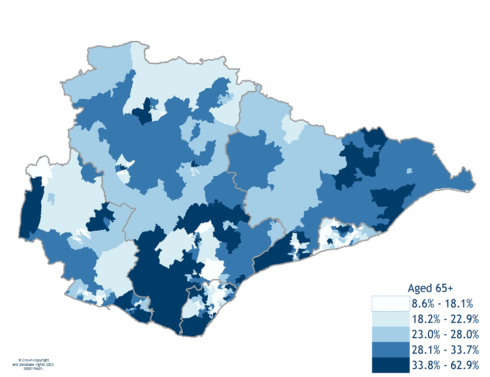 Map 9 The percentage of people aged 65+ in East Sussex LSOAs, 2020