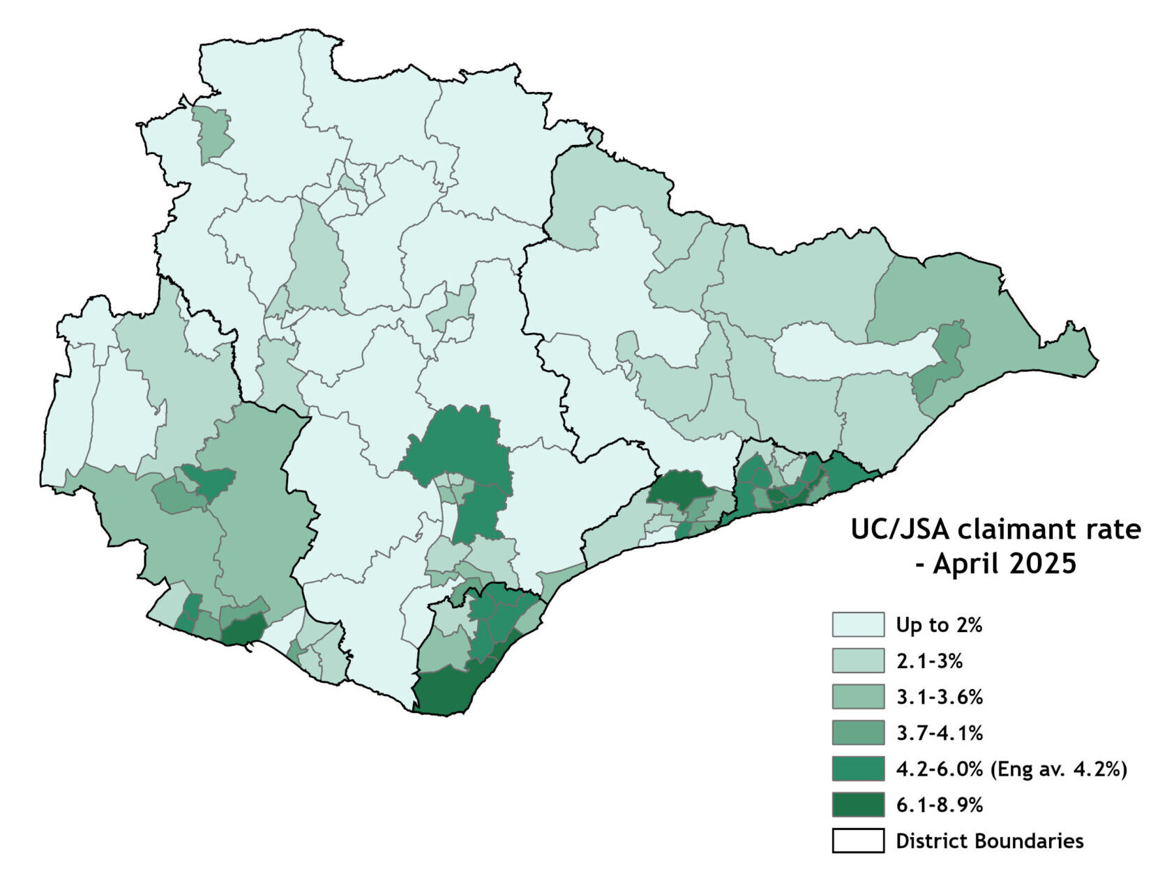 Map showing JSA/UC Claimant rate in East Sussex wards in April 2025. The map shows the areas with the highest rates as dark green, with all areas above the national average (4.2%) showing as dark or mid green. The areas with the highest claimant rates are mostly located in the southern coastal areas of the county, except for Hailsham East.