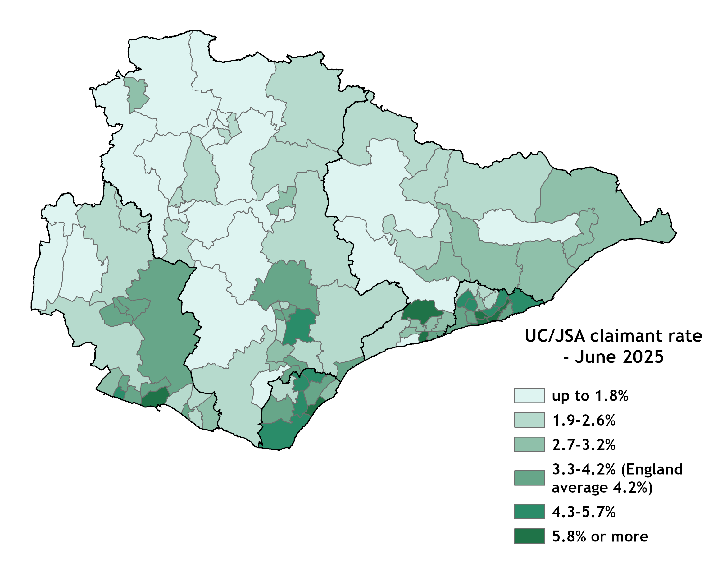 Map showing JSA/UC Claimant rate in East Sussex wards in June 2025. The map shows the areas with the highest rates as dark green, with all areas above the national average (4.2%) showing as dark or mid green. The areas with the highest claimant rates are mostly located in the southern coastal areas of the county, except for Hailsham East.
