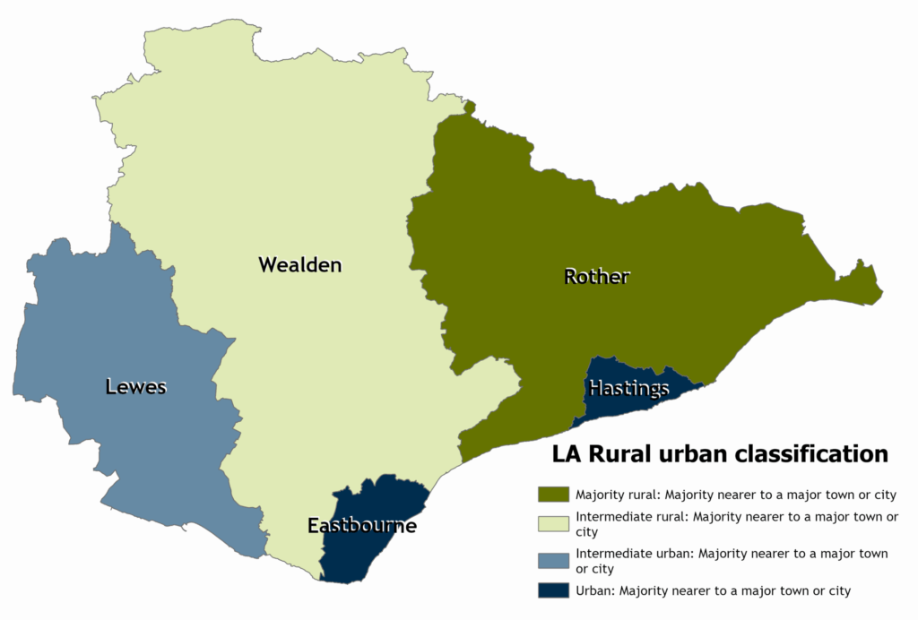 Map of East Sussex district, by rural urban classification of districts.
East Sussex’s districts are classified as follows:
Eastbourne and Hastings: Urban: Majority nearer to a major town or city
Lewes: Intermediate urban: Majority nearer to a major town or city
Rother: Majority rural: Majority nearer to a major town or city
Wealden: Intermediate rural: Majority nearer to a major town or city