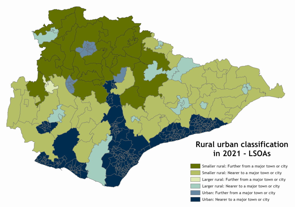 Map of East Sussex Lower layer super output areas (LSOAs), by rural/urban classification. The map shows that Eastbourne and the area north of it including Hailsham and Polegate, Hastings and other coastal towns are mostly classified as Urban: Nearer to a major town or city. Outside of these areas, most of the middle of the county are classed as Smaller Rural: Nearer to a major town or city (coloured lighter green), with most of the northern part of the county in Wealden classed as Smaller Rural: Further from a major town or city (darker green). A larger area of LSOAs is classed as Urban than when looking at OAs.