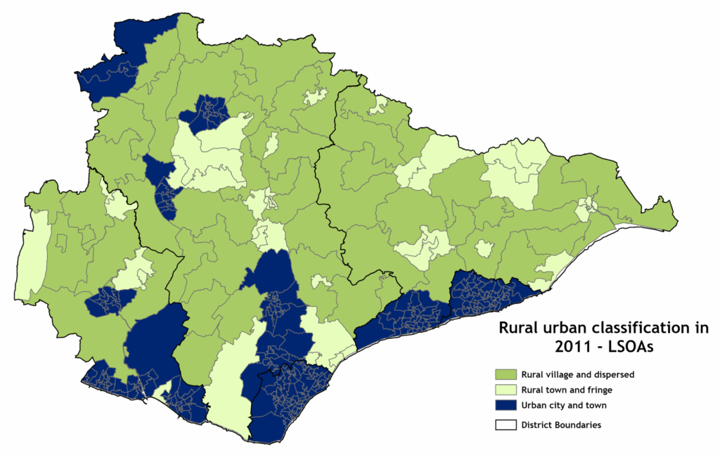 Lower layer super output areas (LSOAs) by Rural Urban classification in 2001, with Urban areas coloured dark blue, rural town and fringe coloured light green and Rural: village, hamlet and dispersed coloured mid-green.