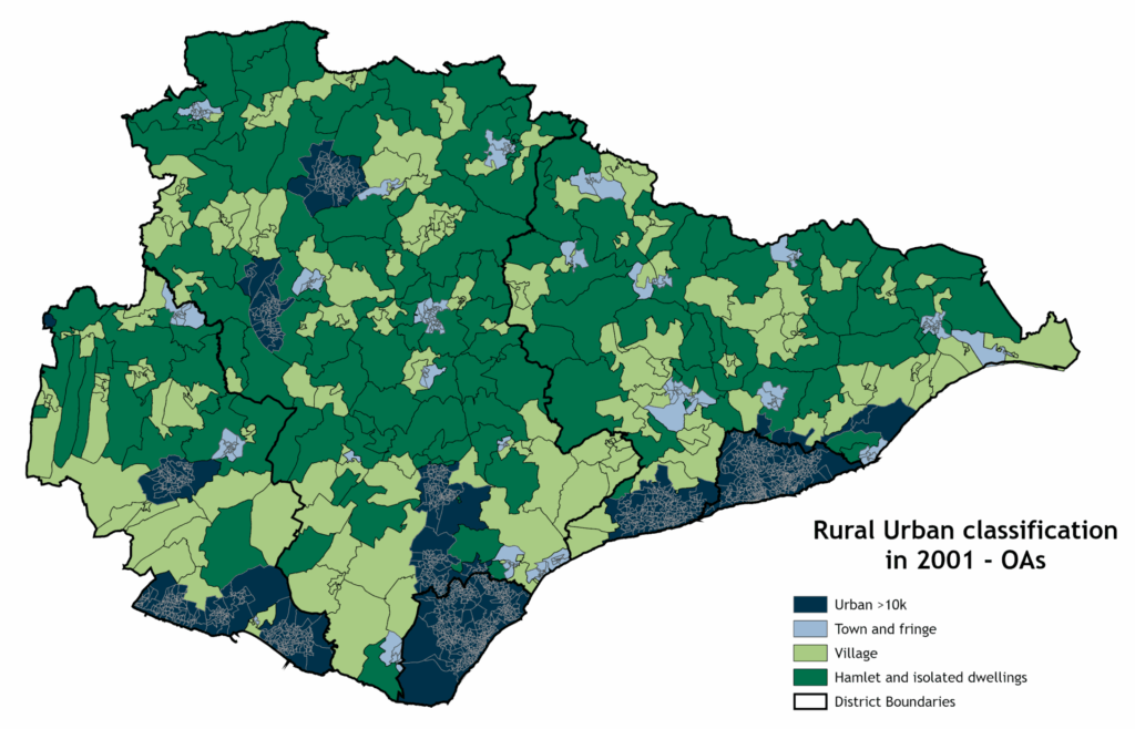 Output areas by Rural Urban classification in 2001, with Urban areas coloured dark blue, town and fringe coloured light blue, Rural: village coloured light green and Rural: hamlet and isolated dwellings coloured dark green.
