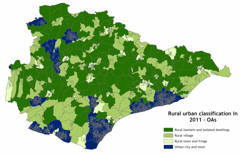 Output areas by Rural Urban classification in 2001, with Urban areas coloured dark blue, Rural: town and fringe coloured light green, Rural: village coloured mid-green and Rural: hamlets and isolated dwellings coloured dark green.