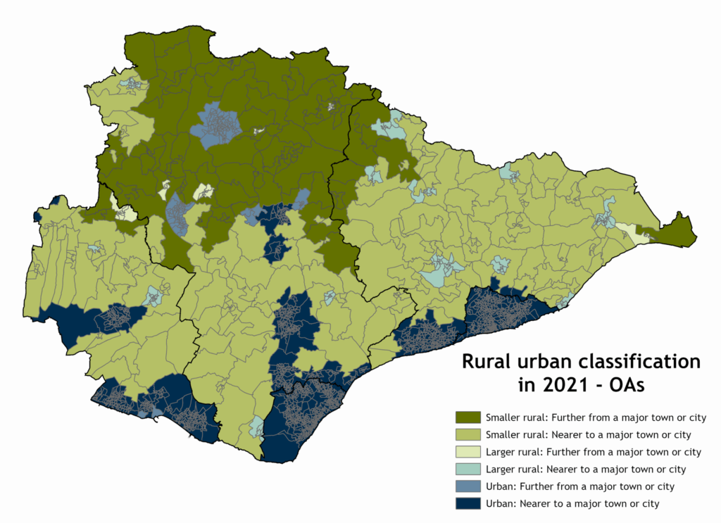 Map of East Sussex Output Areas, by rural/urban classification. The map shows that Eastbourne, Hastings and other coastal towns are mostly classified as Urban: Nearer to a major town or city. Outside of these areas, most of the middle of the county are classed as Smaller Rural: Nearer to a major town or city (coloured lighter green), with most of the northern part of the county in Wealden classed as Smaller Rural: Further from a major town or city (darker green).