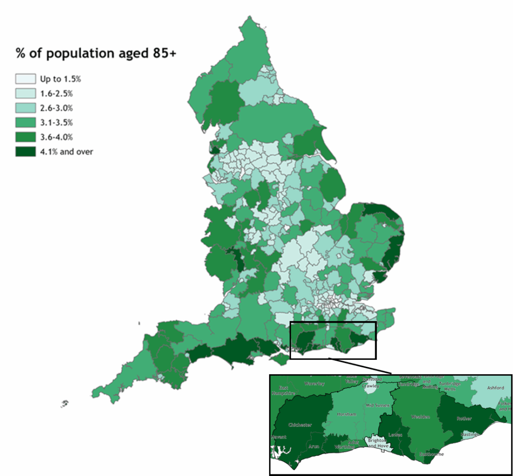 Map showing all local authority districts (LA) and Unitary Authorities (UA) in England, giving the percentage of the population who are aged 85+, with areas with a high percentage shown as dark green, and those with a small percentage as light green or white. The map shows how the places with the highest proportion of over 85s are mostly located in coastal areas, with three districts in East Sussex (Rother, Eastbourne and Lewes) having more than 4% of their population aged 85+. Arun and Chichester in West Sussex also have more than 4%.