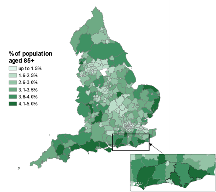 Map showing all local authority districts (LA) and Unitary Authorities (UA) in England, giving the percentage of the population who are aged 85+, with areas with a high percentage shown as dark green, and those with a small percentage as light green or white. The map shows how the places with the highest proportion of over 85s are mostly located in coastal areas, with three districts in East Sussex (Rother, Eastbourne and Lewes) having more than 4% of their population aged 85+. Arun and Chichester in West Sussex also have more than 4%.